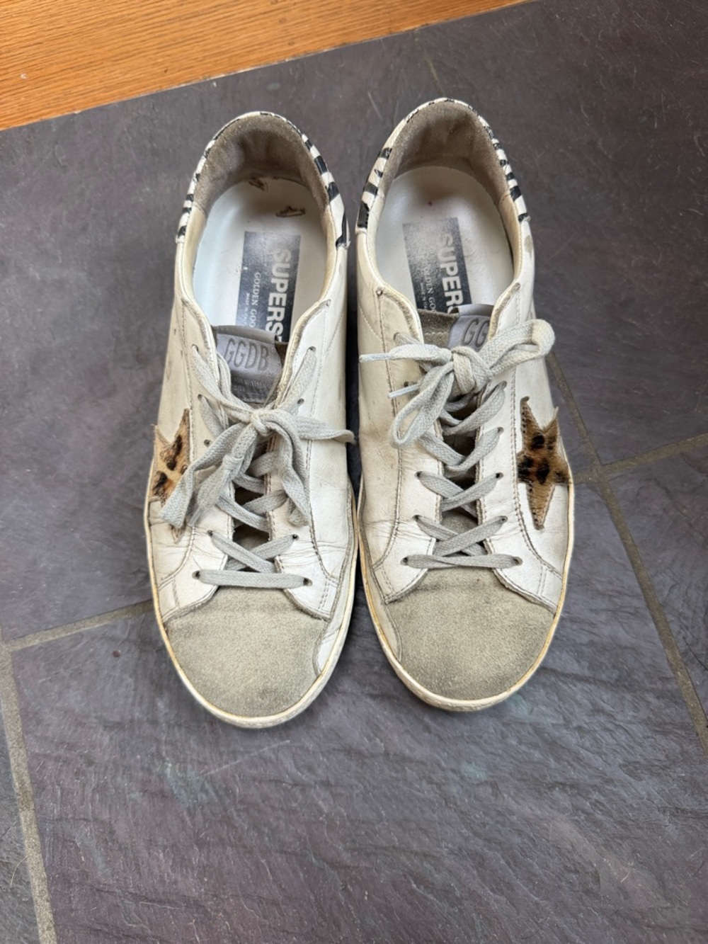 Golden Goose White and Leopard Accent Super-Star Sneaker